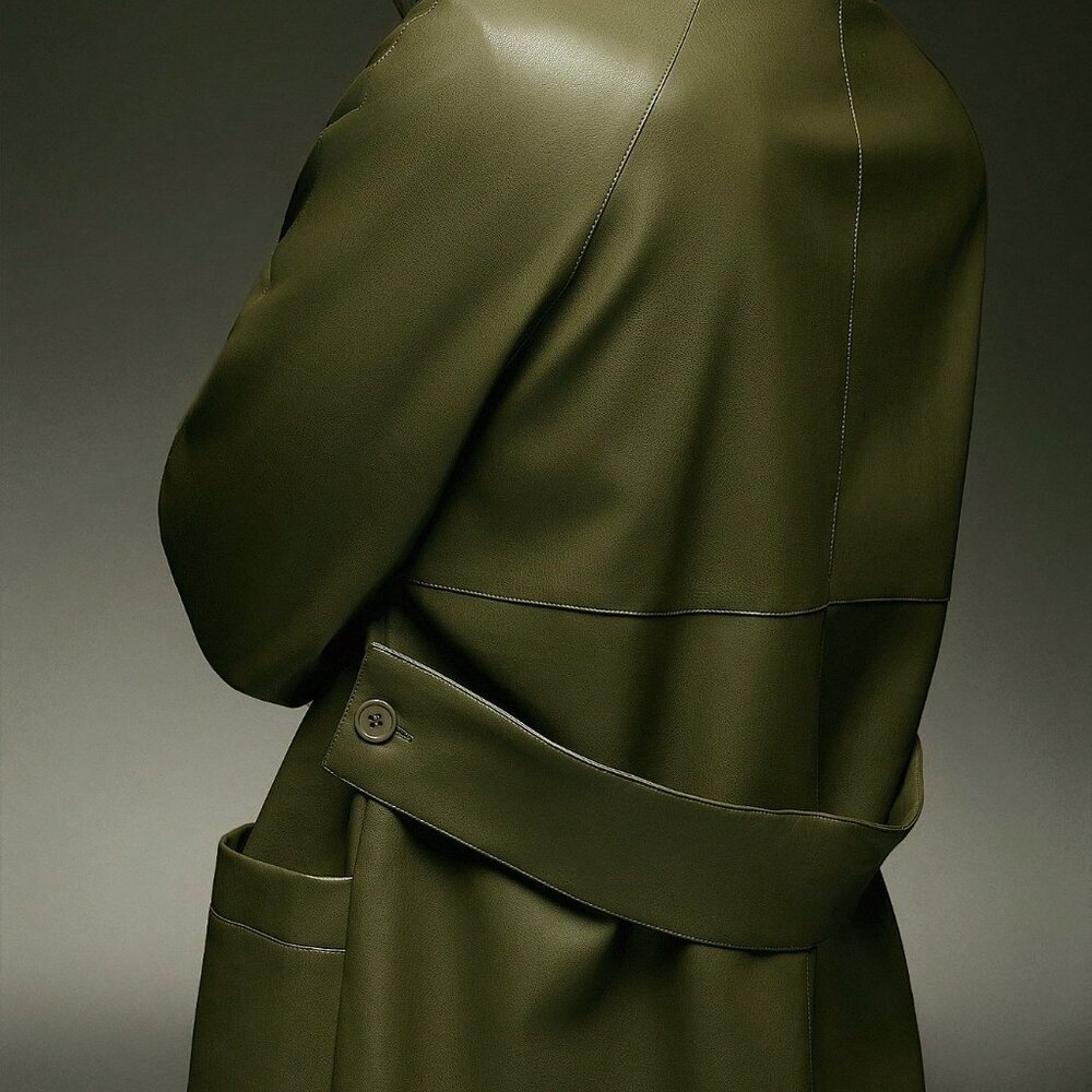 Army Green Casual Women's Faux Leather Trench Coat - Picture 5 of 6